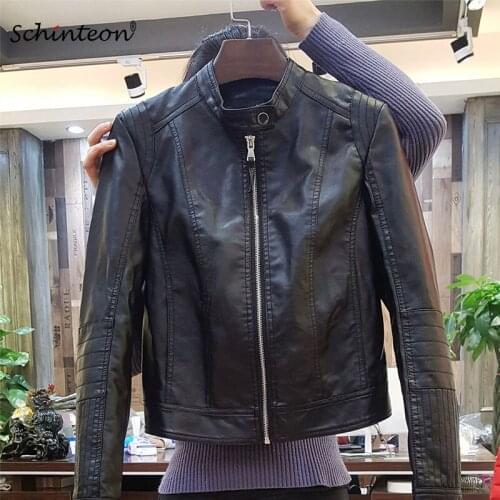 2018 Women Spring O-Neck PU Leather Slim Jacket Black Coat Motorcycle Biker Outwear S-2XL Faux Leather