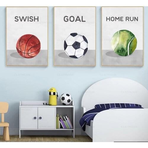 Watercolor Sport Balls Soccer Football Wall Art Canvas Painting Print Poster Picture Teen Boys for Kids Room Playroom Home Decor