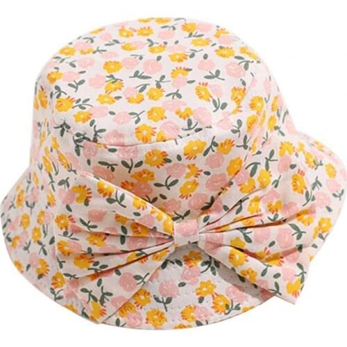 Baby Kids Fisherman Hat Bows Neck Sun Protection Cotton Soft Flower Printed Children Sun Cap Beach Bucket Hat Summer 2021