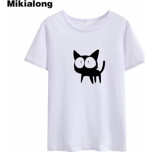 Mikialong Cartoon Cat Print Tshirt Women 2018 Summer Kawaii Japanese Tumblr Camisetas Mujer Cotton Printed T Shirt Women Tops