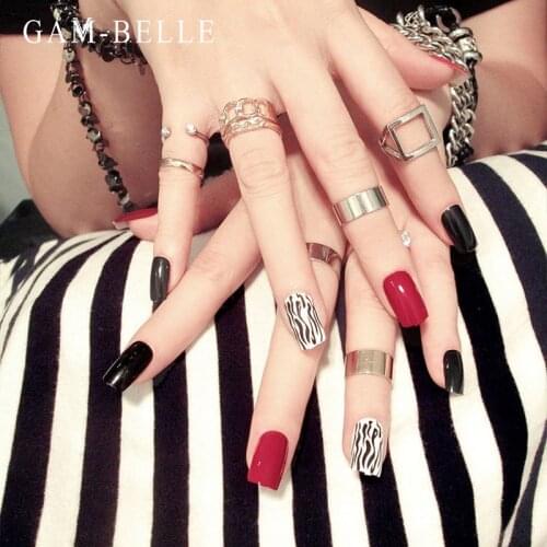 GAM-BELLE Zebra Pattern Fake Nails French Black Red Long Square Artificial Press On Nails Full Cover Manicure Beauty Tools