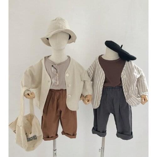 Spring and Autumn New Korean Loose Long Sleeve Jacket Literary Baby Striped Cardigan Childrens Cotton Cardigan