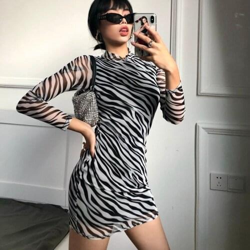 Summer Sexy Mesh Lace Bodycon Dress Women Club Night Clothes Animal Zebra Print Long Sleeve See-through Pencil Short Vestidos