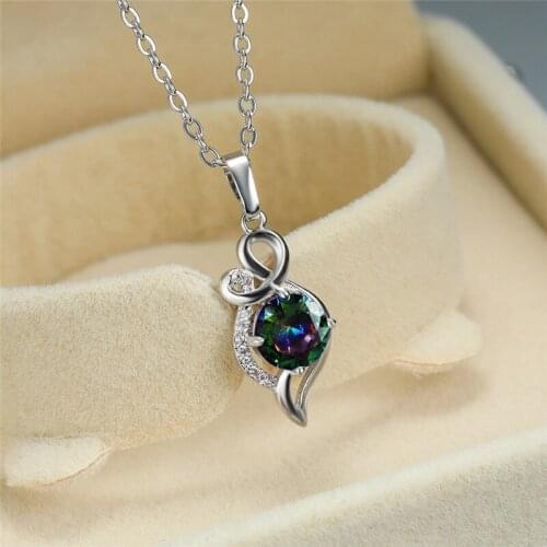 Cute Zircon Hollow Round Wedding Necklace Charm Female Rainbow Pendant Necklace Vintage Crystal Silver Color Necklaces For Women