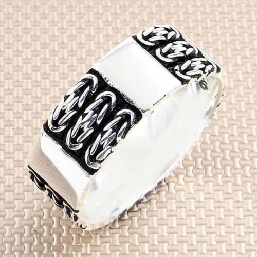 Men Silver Bands Ring With Geometric Motif Wedding Ring Engagement Silver Spinner Ring Made in Turkey Solid 925 Sterling Silver