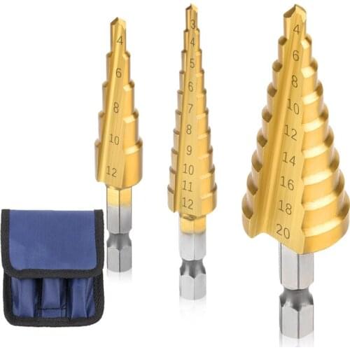 3pcs HSS Steel Titanium Step Drill Bit Hand Tool Sets 3-12mm 4-12mm 4-20mm Step Cone Cutt Woodworking Wood Metal Drill Bit Set