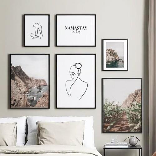 Wall Art Canvas Painting Country Bay Building Line Girl Body Black White Nordic Posters And Prints Wall Pictures For Living Room