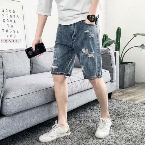 2021 New Denim Shorts Mens Summer Thin five-point Loose Straight Korean Version of The Trend of Mens Casual Hole 5 Points Midd