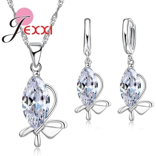 Huge Oval Crystal Butterfly Shape Necklace Earrings Pendant 925 Sterling Silver Woman Wedding Jewelry Set Fast Shipping