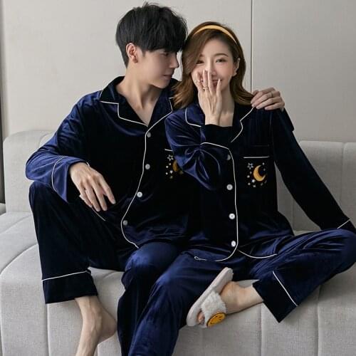 Autumn Winter Couple Pajamas Woman Man Velour Pyjamas Set Sleepwear Gold Velvet Top + Pants Nightwear Long Sleeve Homewear