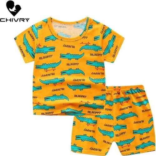 New 2021 Kids Boys Clothing Sets Summer Cartoon Print Short Sleeve O-Neck Cute T-Shirt Tops with Shorts Baby Girls Pajama Sets