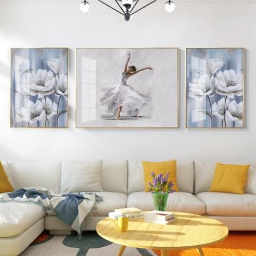 Simple Nordic Small Fresh Blue Flower Living Room Hand-Painted Oil Painting Beauty Dance Decoration Painting