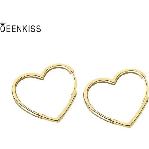 QEENKISS EG631 Fine Jewelry Wholesale Fashion Woman Girl Birthday Wedding Simplicity Heart 18KT Gold White Gold Hoop Earrings