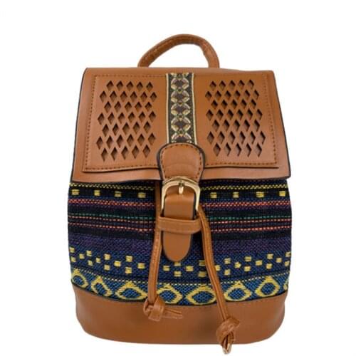 Bohemian Style Backpack Womens PU Leather Cotton Fabric Splicing Bucket Bag Hollow Out Pattern Print Backpacks