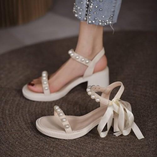 Rimocy Open Toe Lace Up Pearl Sandals Women New Summer Comfortable Square Heels Sandalias Mujer Vogue Dress Party Shoes Woman