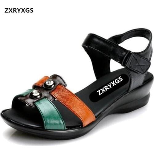Hot 2021 New Spell Colors Women Summer Sandals Flat Wedges Plus Size Genuine Leather Shoes Women Sandals Fashion Casual Shoes
