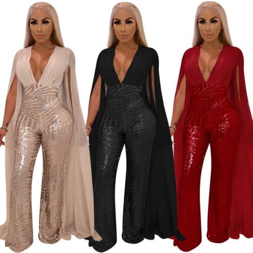 Sexy Sequined Backless Jumpsuit Women Long Sleeve Fashion On Pieces Suit Deep V Neck Evening Party Night Club Wear Costume 2021