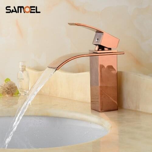 Samoel Rose Golden Bathroom Sink Faucet Brass Polish Deck Mounted Rose Gold Waterfall Basin Mixer Tap RS338