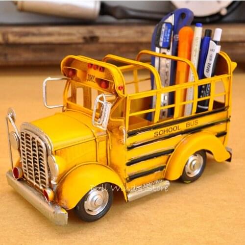 Vintage yellow iron school bus model Classic retro handcraft Metal Car Pen holder