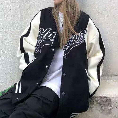 Vintage Embroidery Splicing V Neck Baseball Uniform Men Jackets for Women Coat Black Top Long Sleeve Women Jacket Outerwear Fall