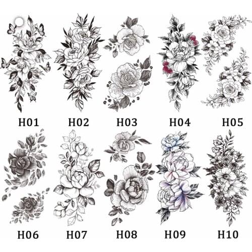 1 Pcs Flower Pattern Waterproof Temporary Tattoo Stickers Black Sketchs Flowers Tattoo Stickers Fake Body Tattoos for Body Art