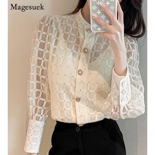 Korean Long Sleeve Mesh Lace Shirt Women Fashion Stand Collar Solid Button Woman Blouse Lady Office Shirt Female Clothing 12957