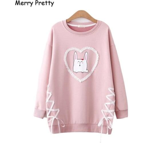 Merry Pretty Womens Cartoon Print Ruffles Patchwork Hoodies Sweatshirts 2020 Winter Long Sleeve O-Neck Lace Up Cute Pullovers
