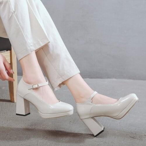 2021New MaryJane Women Shoes Woman Slip on Shallow Buckle Strap Casual Shoes Thick High Heels Plus SizeSolid Leather Pumps shoes