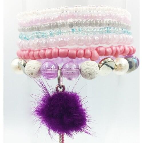 7pcs/set female Vintage Boho Charm Bracelets Bangle Women pom pom Bracelet elastic multilayer crystal Bead Bracelet Jewelry