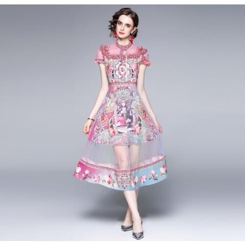 Summer Fashion Runway Elegant Dress Women Ruffles Short Sleeve Mesh Patchwork Floral Print A-Line Midi Dress k8167