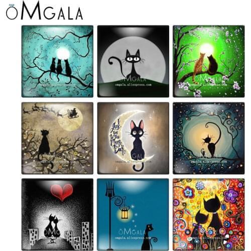 Cartoon Cute Cat Animals Art Painting Square 10pcs mixed 12mm/20mm/25mm/30mm photo glass cabochon demo flat back Making findings