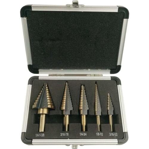 5pcs INCH Cobalt Multiple Hole Step Drills 3/16-1/2'',1/8-1/2'',1/4-3/4'',3/16-7/8'',1/4-1-3/8'' HSS Aluminum Case