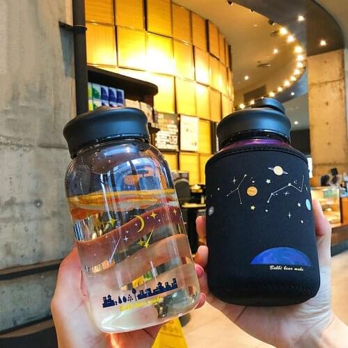 600ML Starry Sky Glass Water Bottle with Protective Bag Cute Fashion Leak proof Drink Bottles for Home Office Sport Water Cup