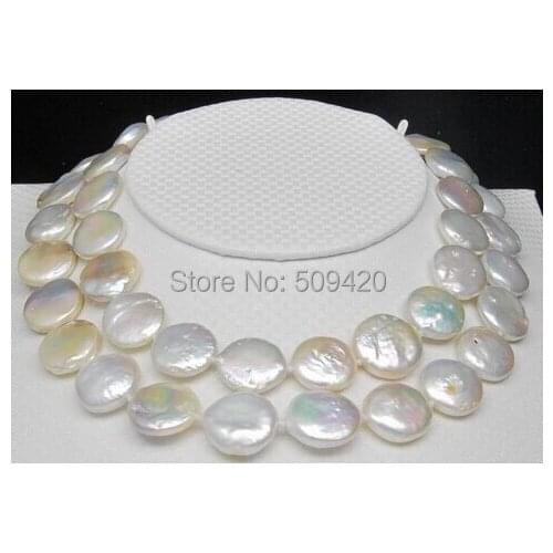Free Shipping >>Huge natural 13-14MM AAA white coin pearl necklaces 32"