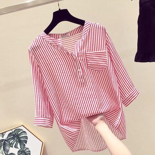 Oversized 3XL Striped Women Shirts Summer New 2021 V-Neck Half Sleeved Pocket Straight Casual All Match Female Outwear Tops