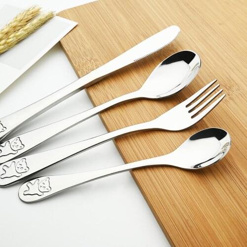 Baby Teaspoons Spoons Food Feeding Fork Knife Utensils Set 18/10 Stainless Steel Kids Learning Eating Habit Children Tableware