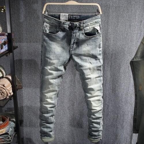 European Vintage Fashion Men Jeans Light Gray Blue Elastic Ripped Jeans Men Retro Designer Slim Fit Casual Denim Pencil Pants