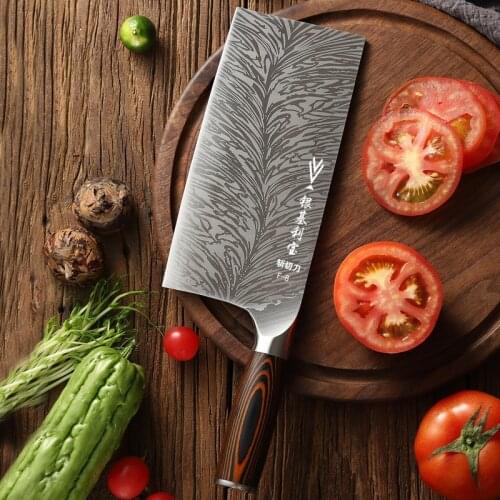 Chinese Chef Knife Laser Damascus Blade Easy To Cut Meat Fish Dish Non-slip Color Wood Handle Handmade Kitchen Knife Couteau
