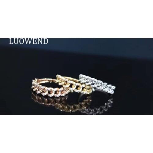 LUOWEND 100% Real 18K White/Yellow/Rose Gold Ring Natural Diamond Ring Cuban Chain Design Rings for Women Party Anniversary