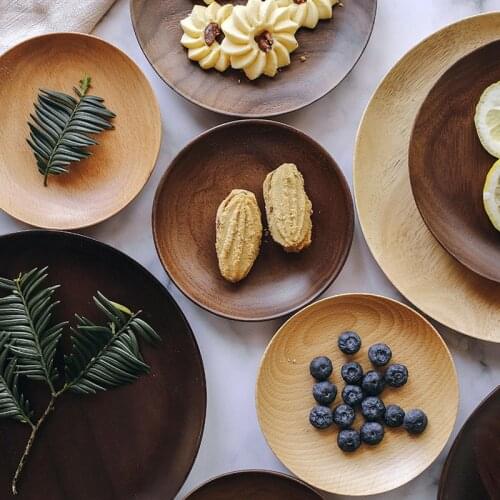 Round Wood Plate Natural Wooden Plate Large Small Fruit Cake Dessert Snack Plate Wood Serving Tray Dishes Wood Kitchen Utensils