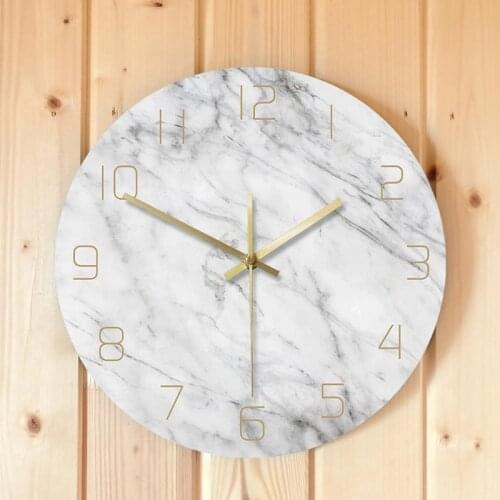 HOT-Quartz Analog Quiet Marble Wall Clock 3D Chic White Marble Print Modern Round Wall Watch Nordic Creativity Home Decor