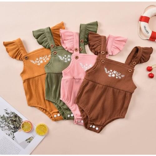 Summer New Toddlers Floral Printing Rompers Clothes Infant Baby Girls Flying Sleeve Ribbed Button Square Collar Playsuit Clothes