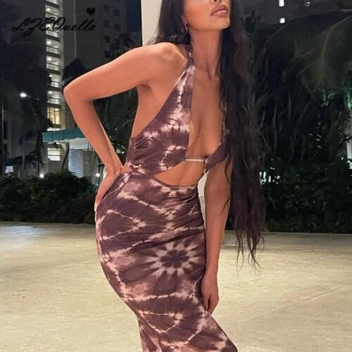 LZEQuella Summer Sexy Print V Neck Hollow Out Strap Midi Party Dress Women Femme Slim Sleeveless Backles Dresses Vestidos NZ3646