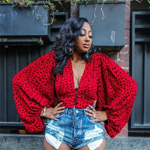 Fashion Leopard Printed Blouses Lantern Long Sleeve Blouse Vintage Style V Neck Tops Button Tunic Casual Loose Shirts For Ladies