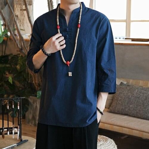 Embroidery Men Cheongsam Tops Tang Suit Traditional Chinese Tee Shirt For Men Hanfu Blouse Cotton Tshirt China Tee Tops KK3565