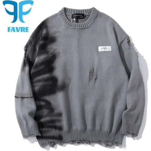 FAVRE Men Sweaters Pullovers Graffiti Printed Round Neck Hole Knitted Jumpers Mens Loose Long-Sleeve Sweater Hip Hop Streetwear