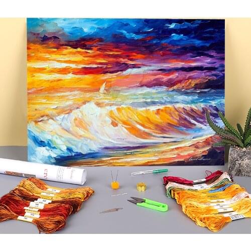 Gold Waves Printed 11CT Cross-Stitch DIY Embroidery Set DMC Threads Sewing Needlework Craft Painting Jewelry Stamped