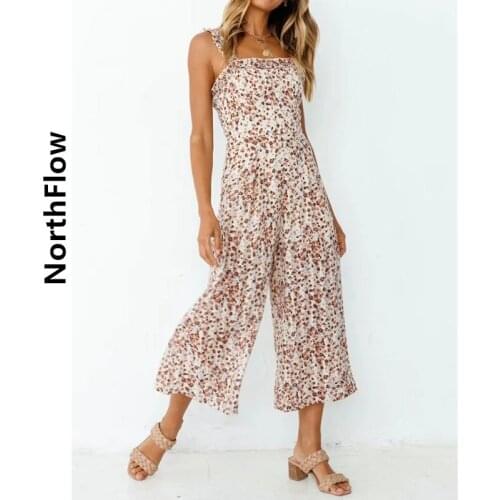 NorthFlow Jumpsuit England Print Floral Spaghetti Strap Backless Ruffles Wide Leg Pant Rompers Womens Jumpsuit