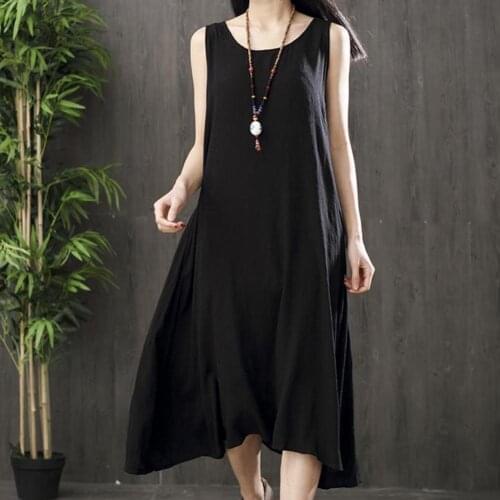 Summer Woman Dress 2021 Midi Dress Summer Dress Solid Color Loose Women Round Neck Large Hem Dress for Beach
