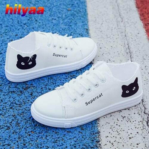 Woman Canvas Shoes Flats Cat Print Female Classic Outdoor Vulcanized Shoes Casual White Tenis Feminino Canvas Sneakers For Women